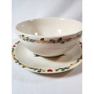 Thomson Pottery Birdhouse Hearts Bowl & Plate Set Stoneware Folk Art